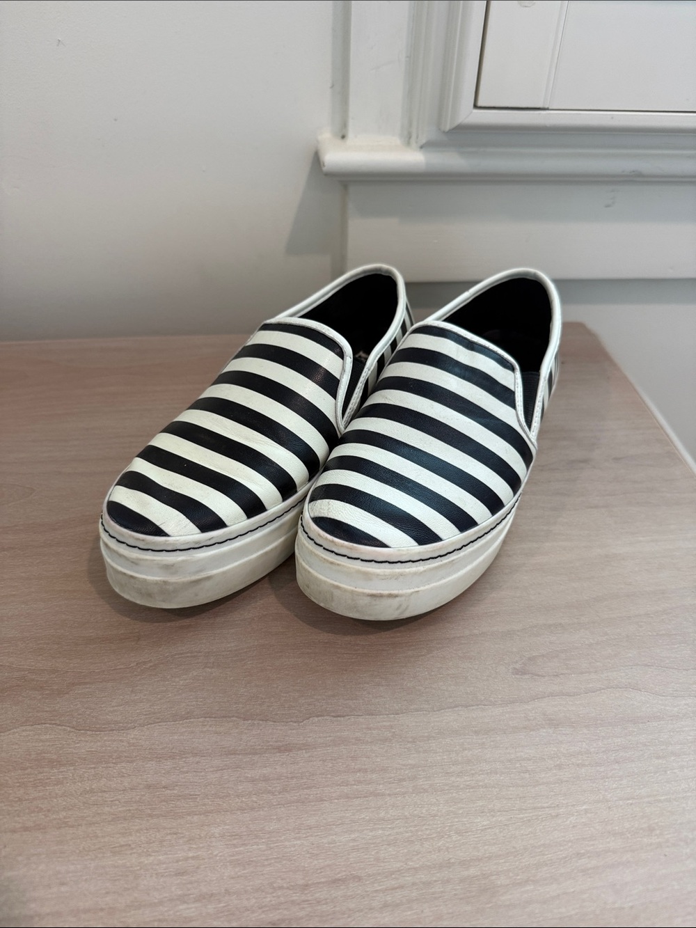 Alice + Olivia Black and White Striped Slip-On Sneakers